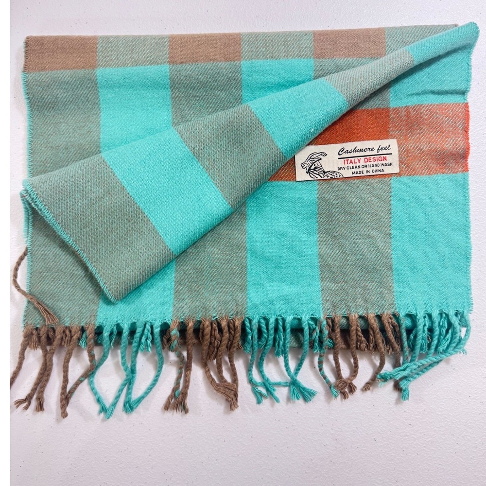 Cashmere‎ Feel Plaid Scarf Italy Design Aqua Brown Orange Fringe